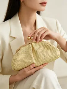 2026 New French Lemon Straw Handbag, Versatile Crossbody Bag, Large Capacity, Metal Clasp, Perfect for Beach & Daily Use