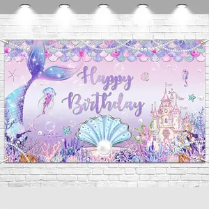 Mermaid Birthday Banner, Mermaid Happy Birthday Background, Underwater Backdrop, Princess Castle Party Decoration, Photo Prop