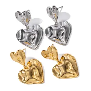 Gold Heart Shaped Dangle Drop Earring • 18K PVD Gold Plated Earring • Double Heart Statement Earring • Unique Earring • Tarnish Free