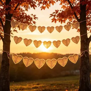 15pcs Vintage Hemp Heart Flags Garland, Natural Hemp Heart Bunting with Rope, Rustic Style for Walls, Fireplace, Photos, Parties