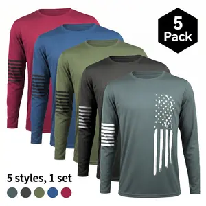Men's 5-Pack Long Sleeve T-Shirt Set - American Flag Vertical Design, Quick Dry Breathable Athletic Mesh Shirt for Gym Sports Casual Wear Spring Fall