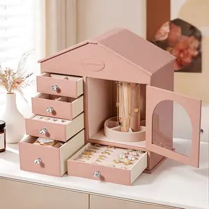 Casegrace House-Shaped Pink PU Leather Jewelry Box With Multi-Drawer & Door Storage, Built-in Mirror, Crystal Knob Organizer for Women Rings, Earrings, Necklaces, Watches, Housewarming Gift