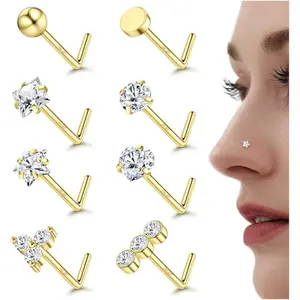 MILACOLATO 14K plated Gold Filled Nose Ring Studs Hypoallergenic 316L Surgical Stainless Steel Nose Rings 18G 20G L Shaped Nose Nostril Piercing Jewelry for Women Men