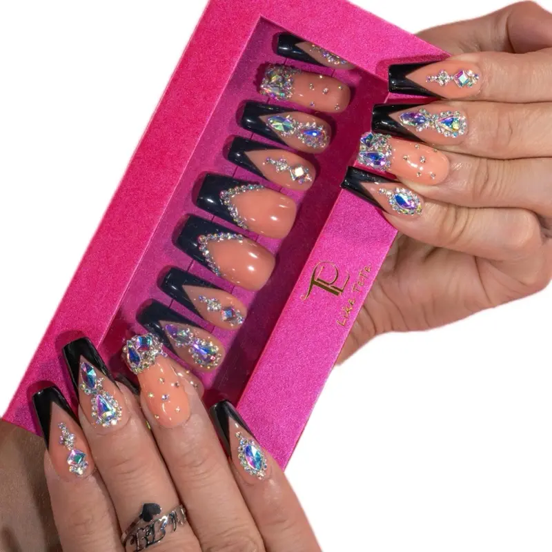 LikeTeTe  Sparkling Rhinestone salon Nails – French Tips with Chunky Crystals | Festival & Party Nail Set” Reusable Handmade Iridescent Glitter