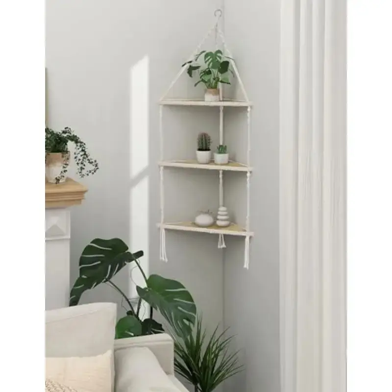 3-Tier Wooden Corner Shelf with Rope, Hanging Floating Shelves, Woven Storage Box, Holds Up to 20lbs, Space-Saving Organizing Design Display Rack, Decorative