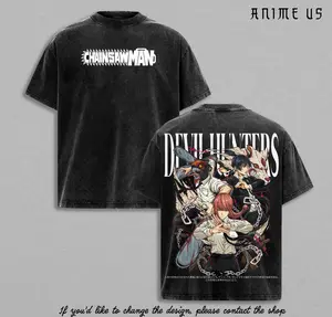 Denji Makima Aki Pochita Chainsaw Man Anime Vintage Washed Oversized Graphic Tee Devil Hunters Streetwear Shirt