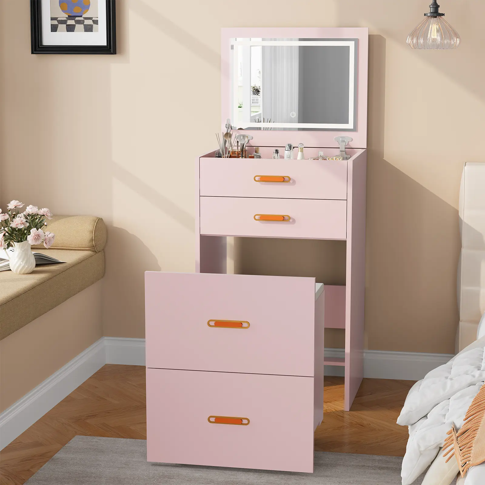 3‑in‑1 Compact Makeup Vanity Desk with LED Lighted Mirror & 3 Color Modes – Small Vanity Table Set with Rolling Storage Chair – Space‑Saving for Bedroom, Apartment, Dorm