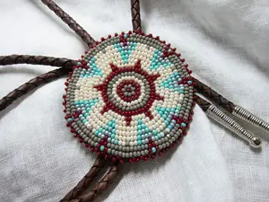 Handmade Beaded Bolo Tie Medallion - Maroon, Grey, and Green