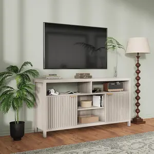 Garvee Modern Large Entertainment Center with Fluted Door and Open Shelves, Oak Grey Wood Media Console Storage Cabinet for 50/55/60/65 Inch Screens, Stylish TV Stand for Living Room