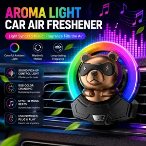 Car Audio Rhythm Light, Glowing Bear Atmosphere Lamp, Air Vent Car Fragrance Diffuser, RGB Sound Control Sensor Light, Creative Car Interior Decor