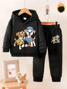 Fleece Lined Dinosaur Print Set, Hooded Sweatshirt & Jogger Pants Two-Piece, Fall Winter Casual Kids Clothing Gift, Clothes Kids
