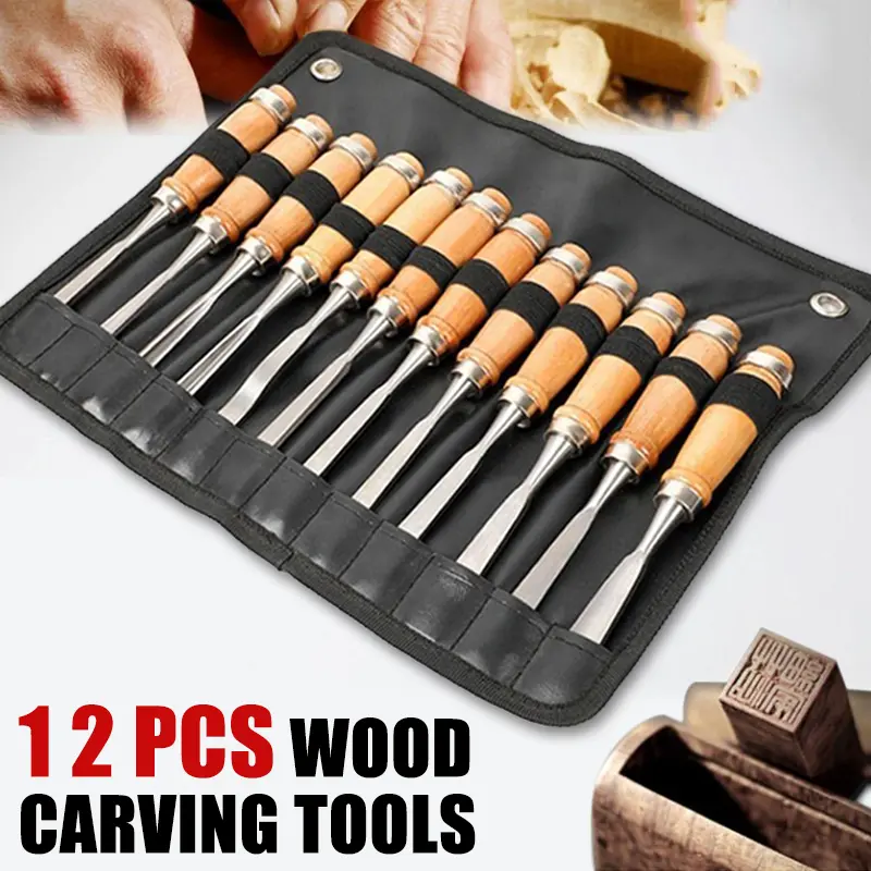 12-piece Professional Wood Carving Chisel Set, Beech Wood Handle, Comfortable Grip - Essential Tools for Woodworking Detail Carving, Manual Tools