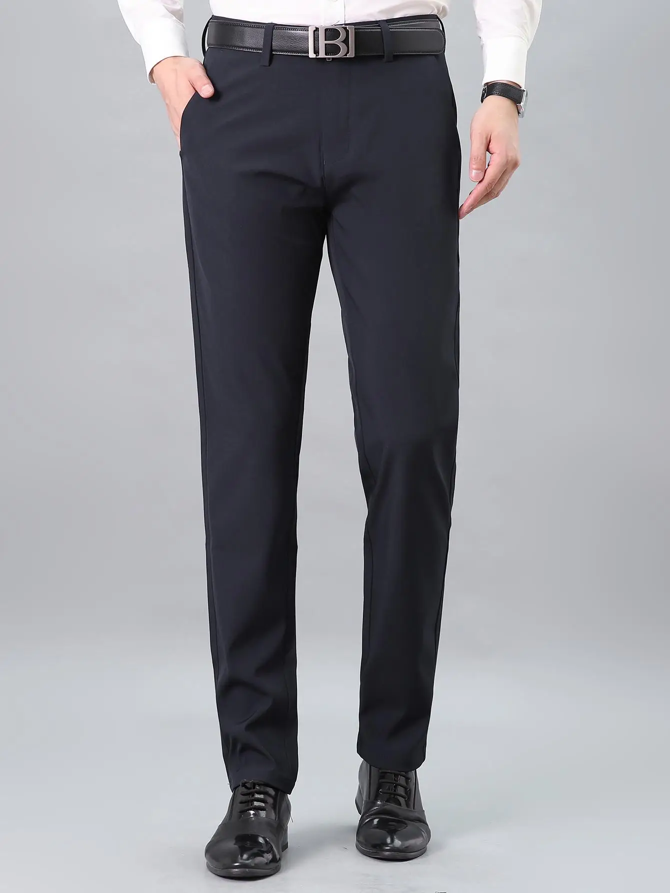 Men's Plain Button Straight Leg Suit Pants without Belt, Slant Pockets Business Pants, Men's Trousers for All Season, Pants for Men, Spring Outfits 20