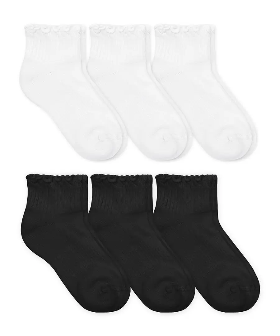 6 Pair Pack Jefferies Socks Black & White Ruffle Ripple Lace Ankle Cotton Knit Sport Quarter Seamless Cushion Socks for Women Everyday Wear Soft & Comfortable