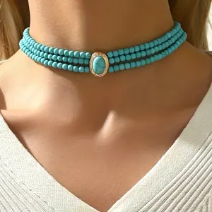 Multi-layer Design French Fashion Retro Geometric Beaded Necklace Simple Turquoise Long Chain Versatile Clavicle Chain