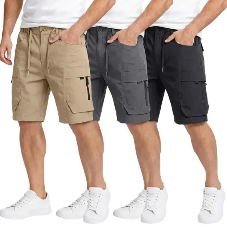 Clean Gent Men’s Fitted Casual Cargo Shorts - Chic, Basic, Zippered Pockets, Buttoned Placket, Machine Washable - Ideal for Outdoor Climbing, Summer Leisure, Athletic-Fitting, Golf, Khaki + Gray + Black, Gray + Black + Army Green, Fashion, Plain