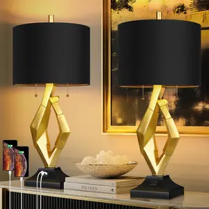 Sculptural Table Lamps for Living Room Set of 2 with USB Ports, 24.5" Modern Black and Gold Lamp with S Cluster Pull Chains Switch, End Table Lamps for Bedroom, Nightstand, Office