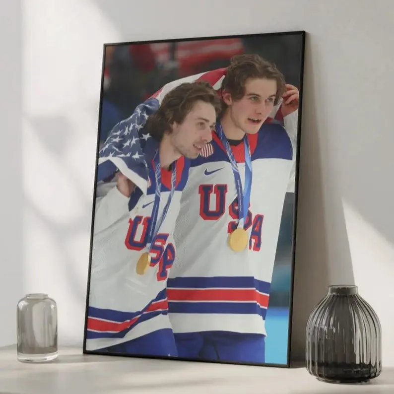 [UNFRAMED] Brothers Gold Art Print - Jack Hughes and Quinn Hughes Poster, Iconic Hockey Victory Wall Decor, Legendary Sports Fan Gift