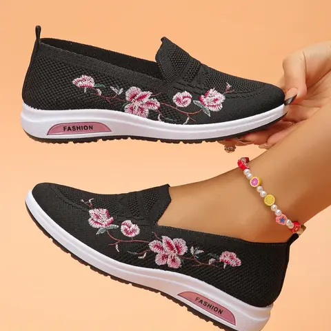 Women's Fashionable Floral Embroidery Sneakers, Casual Comfortable Breathable Mesh Sneakers, Female All-match Round Toe Shoes for Daily Wear, Lightweight Slip Ons, Casual Summer Shoes