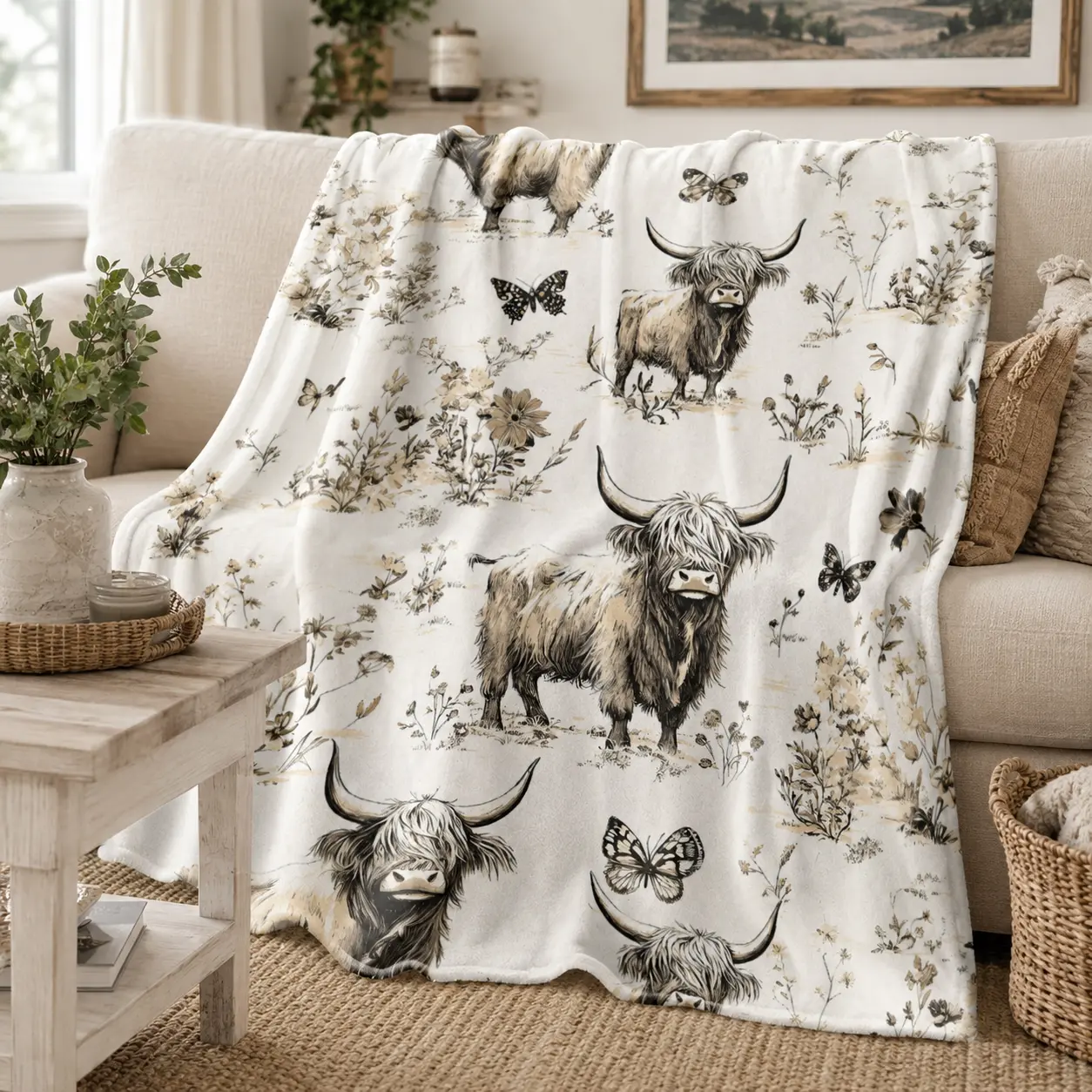 Vintage Highland Cow Wildflower Butterfly Soft Cozy Flannel Blanket - Rustic Farmhouse Western Warm Fuzzy Plush Throw, Perfect Birthday Gift for Cow Lovers Women Kids Bedroom Sofa Country Home Decor