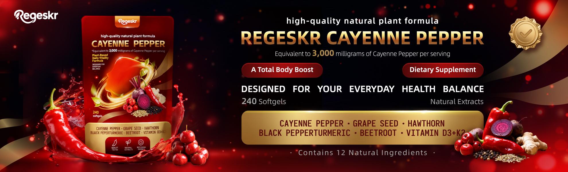 Regeskr Cayenne Pepper Softgel Capsules – Herbal Wellness Formula with Vitamins E, D3 & K2, Grape Seed, Hawthorn & Beetroot Extract (240 Softgels / 1 Pouch) Regeskr Cayenne Pepper Softgel Capsules – Herbal Wellness Formula with Vitamins E, D3 & K2, Grape Seed, Hawthorn & Beetroot Extract (240 Softgels / 1 Pouch)