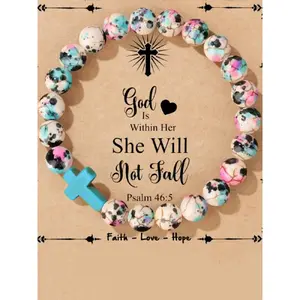 Boho Style Cross Charm Beaded Bracelet, Fashionable Elastic Beaded Bracelet for Women & Girls, Trendy All-match & Exquisite for Birthday Gift, Bohemian Bracelets, Cross Charm Bangle