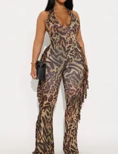 Safari Dreams Leopard Halter Fringe Jumpsuit