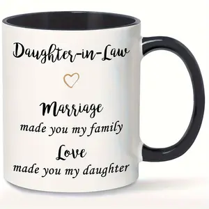 1pc 11oz Daughter-in-Law Love Coffee Mug - Ceramic Insulated Reusable Mug with Heartfelt Message, White & Black Design - Perfect Gift from Mother-in-Law for Birthdays, Christmas, Family Appreciation, Coffee Bar Accessories, Holiday Drinkware, Playful Typo