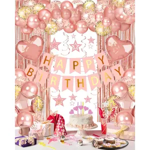 Rose Gold Happy Birthday Party Decorations-Banner, Foil Heart Star Confetti, Balloons, Curtain Backdrop, Hanging Swirls - Party Decor For Girls, Women, Princess