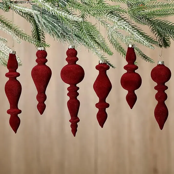 6 Pcs 7.1 Inch Velvet Finial Christmas Tree Ornament Assorted Vintage Hanging Glass Finial Ornaments for Home Xmas Tree Fireplace Window Door Holiday Party Decoratio