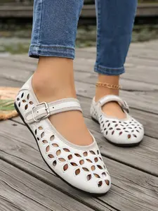 Hollow Out Mary Jane Flat Shoes Ballet Flats for Women, Summer New Breathable Buckle Low Top Sandals, Casual Korean Style Footwear