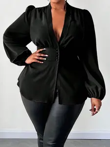 Plus Size Solid Lantern Sleeve Blouse | Curvy-Friendly for NYC Fall Commutes & Brunch | Soft Breathable Fabric