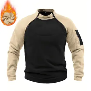 Men's Patchwork Colorblock Stand Collar Sweatshirt Fleece Lined Thick Warm Pullover with Zippered Pockets for Autumn Winter