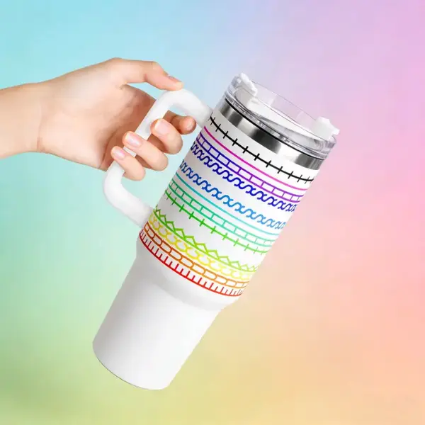 Rainbow Stitch Pattern 40oz Tumbler with Handle, Colorful Embroidery Design Insulated Tumbler with Straw, Sewing Lover Gift Cup, Fun Stripe Print Tumbler