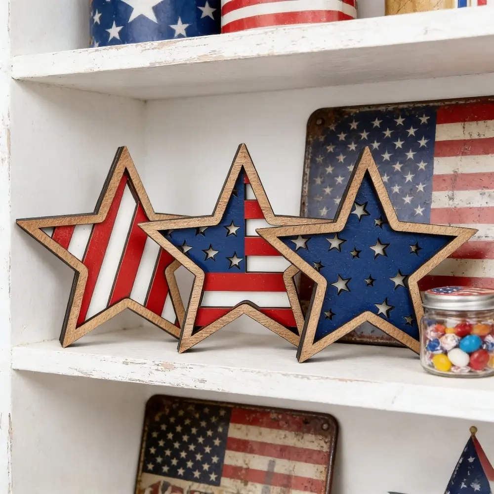Set of 3 Wooden Star Plaques, 4th of July Tiered Tray Decor, Rustic Artificial Wood Ornaments, Decorative Ornaments, Independence Day Celebration, Home Decoration, Party Supplies, Table Centerpieces