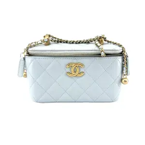 Pre-owned CHANEL Lambskin Coco Chain Purse Light Blue Vanity Case Gold Hardware