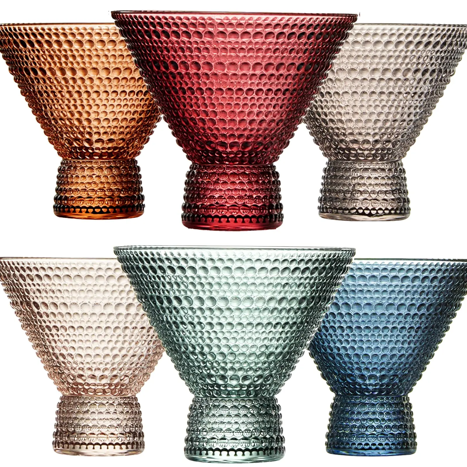 Khen Stemless Martini Colored Vintage Art Deco Glasses - Martini, Cocktail & Champagne Glasses | Set of 6 | Pastel Muted Crystal Cocktail Glassware, Goblet Cocktails, Bar Gift - Hobnail Design