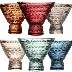 Khen Stemless Martini Colored Vintage Art Deco Glasses - Martini, Cocktail & Champagne Glasses | Set of 6 | Pastel Muted Crystal Cocktail Glassware, Goblet Cocktails, Bar Gift - Hobnail Design