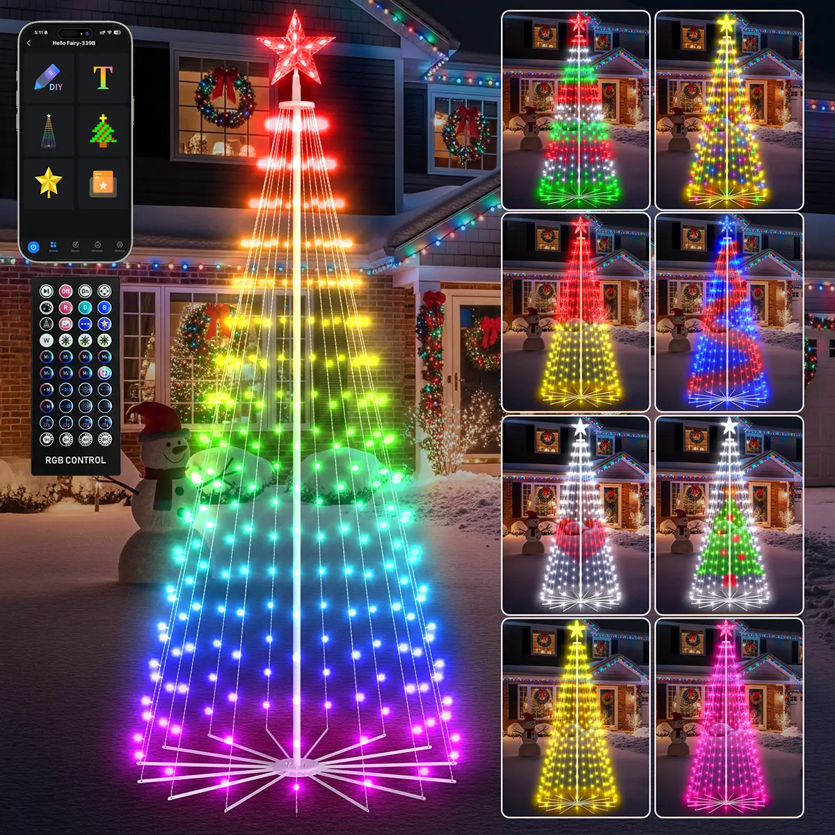 Avatar Controls 6FT/8FT/9FT/12FT Outdoor Christmas Cone Tree Decorations, Smart App-Controlled Pre-Lit Multicolor Christmas Trees with DIY Patterns, Remote Control, Music Sync, Timer, and Waterproof Magical String Lights for Yard and Holiday Décor