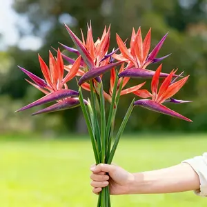 Stanzia 5-Pack Vivid Artificial Birds of Paradise Flowers with Green Leaves Orange and Purple Petals for Home Decor
