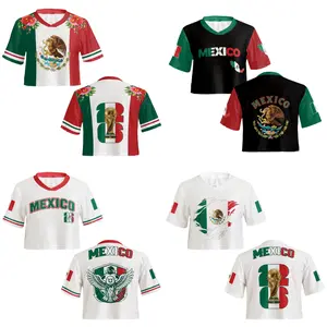 Mexico Crop Top Mesh Jersey for Women – Mexican Flag Eagle Graphic V-Neck Short Sleeve Shirt, Breathable Sports Fan Top, Patriotic Mexico Outfit