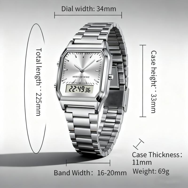 Stainless Steel Digital Sports Watch With Led Dual Display Unisex Water Resistant Quartz Wristwatch