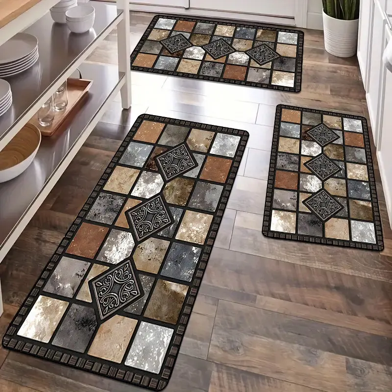 Vintage Geometric Design Boho Kitchen Rug, Geometric Pattern Rug, Non-Slip Soft Washable Carpet, Home Decor Kitchen Mat, Entryway Laundry Room Bathroom Bedroom Hallway