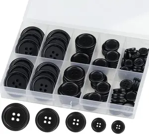 Black Resin Sewing Buttons 100 Pcs 4-Hole Craft Suit Coat Shirt Buttons 5 Sizes Round Mixed with Compartment Storage Box