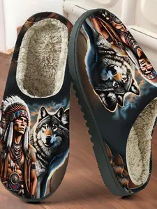 Indian Totem Wolf Print Cotton Slippers, Tribal Wild Style, Fuzzy Lined Anti-Slip Thick Sole, Home Use Men Women Fall Winter Warm Shoes