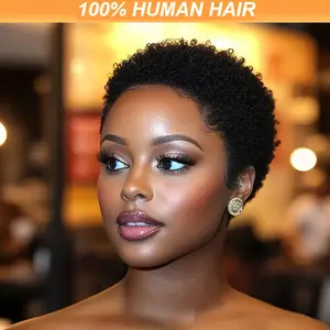 Fashionable New 180% Density Brazilian Human Hair Wig Glueless No Lace Short Afro Curly Pixie Jerry Curly Rose Net Cap Wig for Women - Natural Look, Comfort Fit, All Ethnicities, Stylish Replacement Hairpiece, Textured Hairpiece
