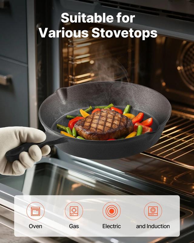 VEVOR Cast Iron Skillet, TikTokShopBlackFriday, 3-Piece Frying Pan Set (6, 8, 10 in), Heavy-Duty Skillets with Heat-Resistant Handle, Pre-Seasoned Chef's Pan, Kitchen Cookware, for Oven, Gas, Electrical, Induction, Black