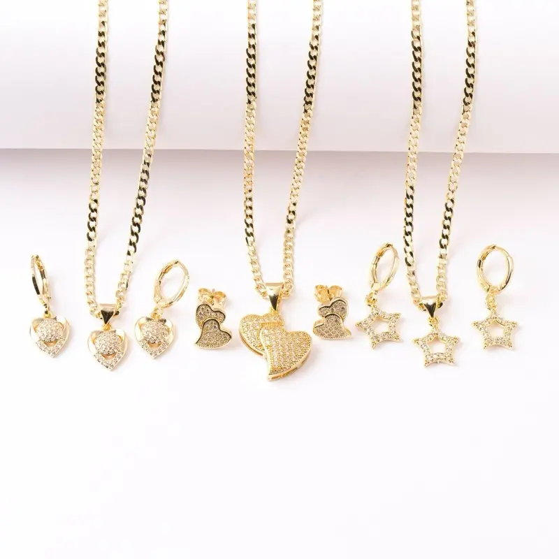 14K Gold Plated Heart & Star Female Jewelry Set - 2mm Chain, Popular Sweet Necklaces for Women, Ideal Gifts for Women