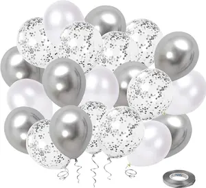 White Silver Confetti Latex Balloons, 50 Pack 12inch Silver Metallic Chrome Party Balloon Set with Silver Ribbon for Wedding Birthday Baby Shower Decorations