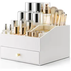 Makeup Organzier,Vanity Organizer with Drawers, PU Leather Skincare Organizer Perfume Organizer,Large  Display Case for Lipstick,Brushes Gifts for Women-White